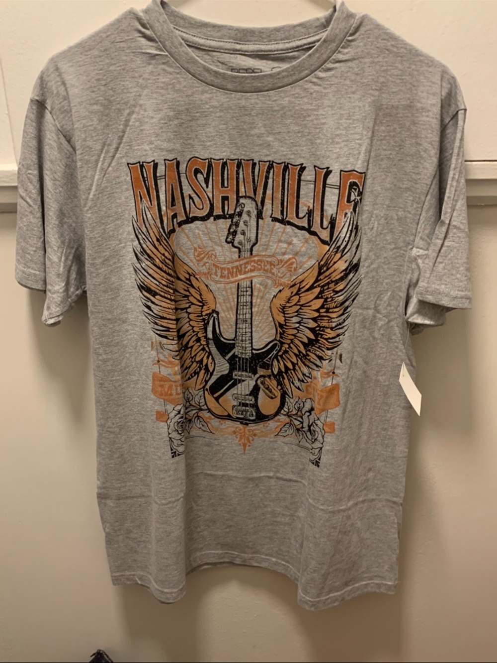 Nashville Winged Guitar Graphic Tee - Gray with Orange Accents